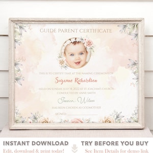 Regalo de padrinos / Certificado de día de nomenclatura / Certificado de bautismo imprimible / Certificado de padre guía / Regalo de padrino / Regalo de padrino