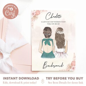 Propuesta personalizada de dama de honor Novia y dama de honor Vestido verde Dibujo / Editable Maid Of Honor Tarjeta de propuesta / Descarga digital / Boda BOHO
