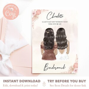 Modèle de carte de proposition Boho | Serez-vous ma carte de demoiselle d’honneur cheveux noirs | Sister Maid of Honor Card Imprimable DIY | Boho mariage | Boho