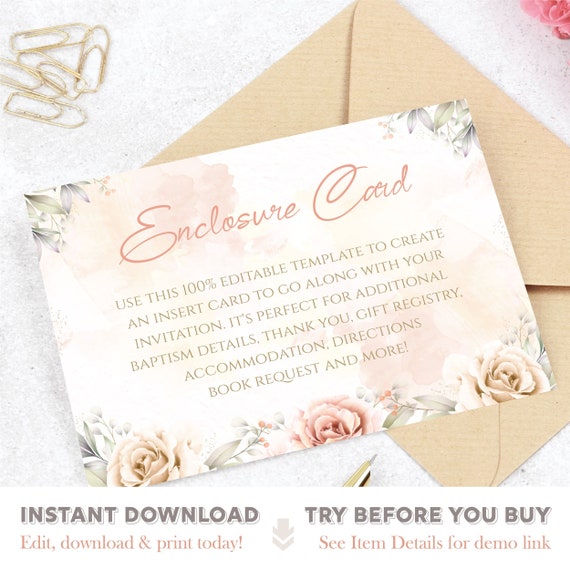 Enclosure Card Template Floral Enclosure Cards for Etsy