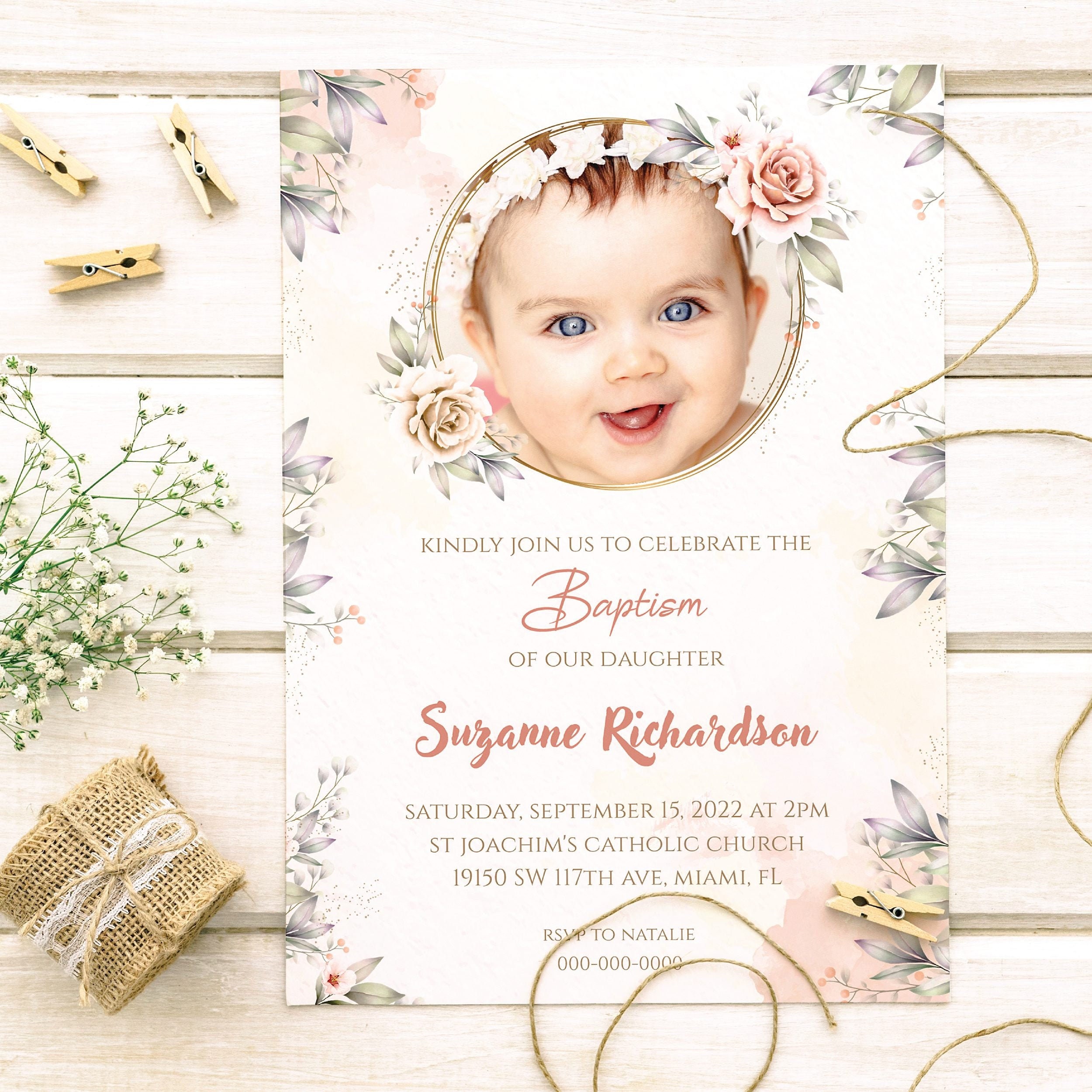 Babtisme uitnodiging bewerkbare foto | roze bloemenuitnodiging | doop uitnodigen met foto |  meisje doop uitnodiging sjabloon | Afdrukbare