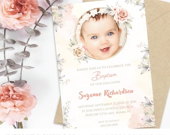 Babtisme uitnodiging voor meisje | roze bloemenuitnodiging | doop uitnodigen met foto |  doopuitnodigingssjabloon | Afdrukbare