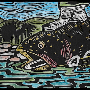 Woodblock Fish Notecard, watercolor and woodblock