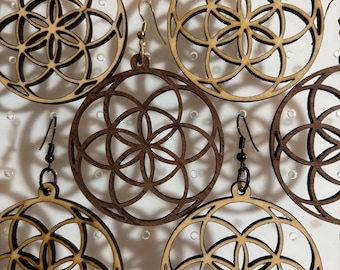 Pendientes de madera con forma de semilla de vida, joyería de geometría sagrada, colgantes de madera cortados con láser estilo bohemio.