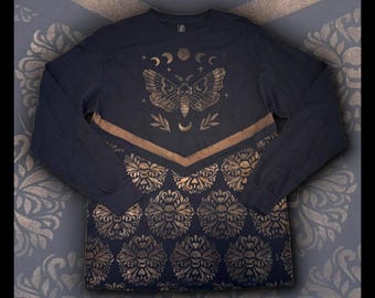 Gothic Moth Skull lange mouw zwart gebleekt geverfd T-shirt medium