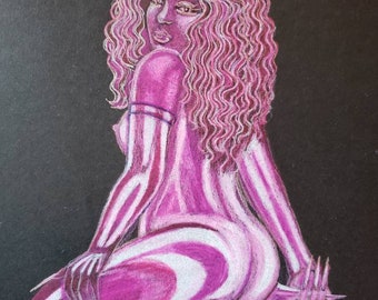 Akt erotischer Buntstift rosa Latex "Latex Blush" Original Kunstwerk Zeichnung