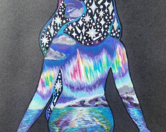 Original Kunstwerk Metallic Zeichnung Northern Lights celestial inspiriert feminine Form lebendige Kunst lebendige Kunst "Nachtleuchten"