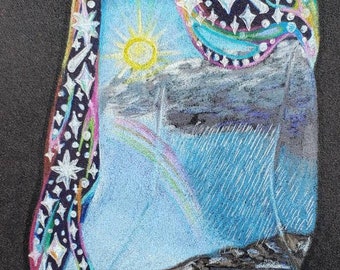 Original Zeichnung "Rainy Day" Himmelsszene, Regenbogen und Regensturm inspiriert