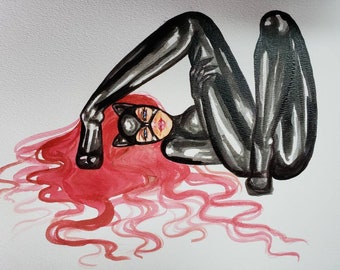 Redhead latex Catwoman original painting