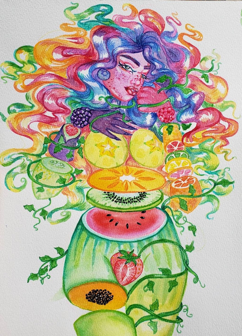 May include: Watercolour painting of a woman with rainbow hair made of fruit. The woman's body is made of various fruits, including watermelon, kiwi, papaya, and starfruit. The painting is surrounded by green vines.