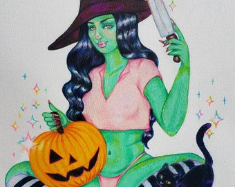 Halloween Witch jack-o-lantern and black cat original drawing artwork. "The Hallowitch"