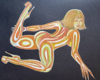 Akt erotischer Buntstift orange Latex "Latex Clementine" Original Kunstwerk Zeichnung