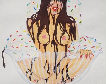 Hot Fudge Sundae Original Erotisches Dessert inspiriertes Akt Acrylgemälde
