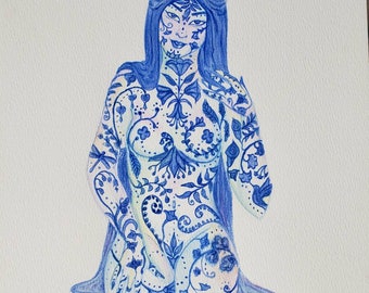 Ming China inspiriertes erotisches Gemälde mit Spinne Lilie Blume