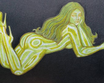 Akt erotischer Buntstift gelber Latex "Sunshine Latex" Original Kunstwerk Zeichnung