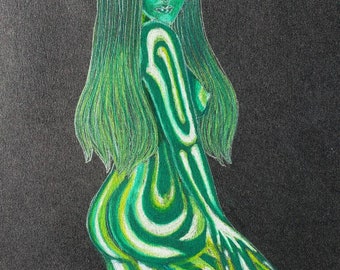 Akt Erotik Buntstift grün Latex "Latex Smaragd" Original Kunstwerk Zeichnung