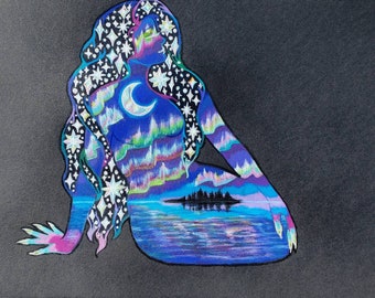Original zeichnung celestial Northern Lights metallic leuchtendes Kunstwerk "Moonlit Rainbow" nude feminine Form