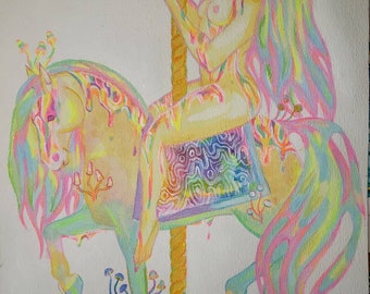 Trippy Karussell Pferd und Reiter Acrylgemälde "Verändertes Karussell" Original Kunstwerk Akt Kunst Pferd Kunst