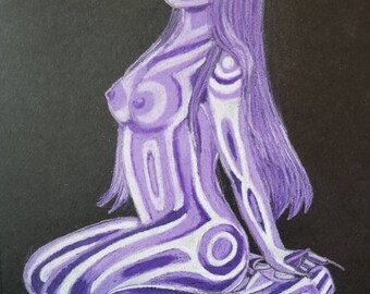 Akt erotischer Buntstift lila Latex "Royal Original" Kunstwerk Zeichnung