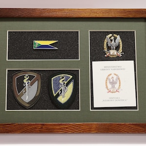 May include: A framed display of military patches and insignia. The display includes a yellow and blue flag, two patches with a sword and a snake, a badge with an eagle, and a card with the text "MINISTERSTWO OBRONY NARODOWEJ" and "ODZNAKA "WZOROWY DOWODCA".