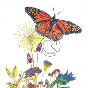 Monarch Butterfly & Wildflowers Original Watercolor Painting