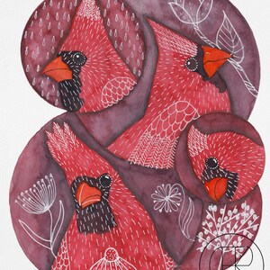 Red Cardinal Birds In Bubbles Original Watercolor Painting