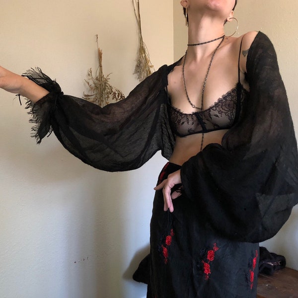 MADE TO ORDER - Sheer Cotton Cocoon Shrug with Tattered Drawstring Puff Sleeves