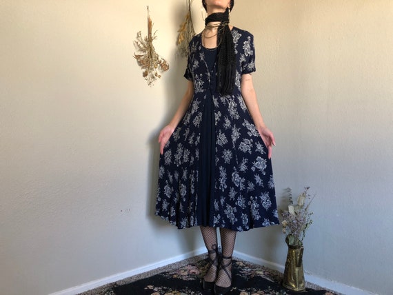 1980s Navy Blue Floral Midi Maxi Dress