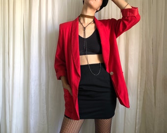 1970s Minimal Boxy Red Statement Blazer - Lightweight Unisex Jacket with Mother of Pearl Button