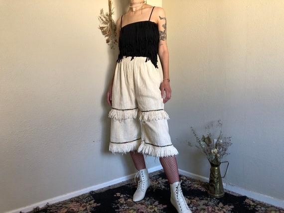 1970s Folk White Cotton Embroidered Gaucho Pants w