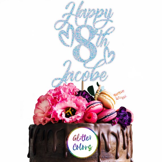 Topper Per Torta Happy 8th Birthday Glitterato, 15x11 Cm, Decorazione Per 8° Compleanno, Oro/Argento/Rosa/Nero/Blu, Per Ragazzi E Ragazze