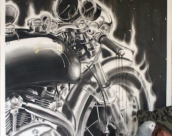 Large Original art, classic art, Vincent Black Shadow, black motorcycle, vintage motorcycle, motorcycle, original art, photorealistic