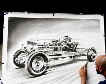 Bentley II the joy of open wheels, large original charcoal artwork.