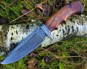 Edles Jagdmesser mit Damaststahlklinge und Holzgriff, aufwendig gearbeiteter Lederscheide - Damastmesser  Outdoormesser (FH02) ROSTFREI