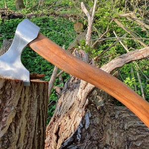 May include: A small, silver axe with a wooden handle. The axe is resting on a tree stump.