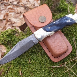 Pocket knife Damascus knife Outdoor knife Folding knife Hunting knife Camping knife Fishing knife with horn handle Blade made of Damascus steel (T53s)