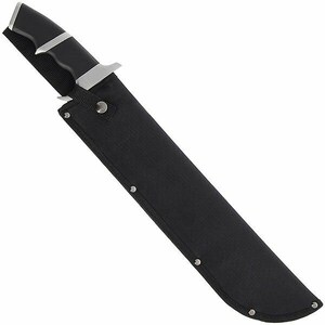 May include: A black nylon sheath with a silver metal button and rivets. The sheath is designed to hold a large knife or machete.