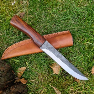 Könnte beinhalten: Ein handgefertigtes Messer mit einem dunklen Holzgriff und einer silbernen Klinge, das auf einer braunen Lederscheide liegt. Das Messer liegt auf grünem Gras und zeigt sein rustikales Design und seine Handwerkskunst.