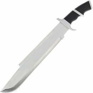 May include: A silver-colored knife with a black handle. The blade is long and straight, and the handle has a slight curve. The knife is a traditional design.