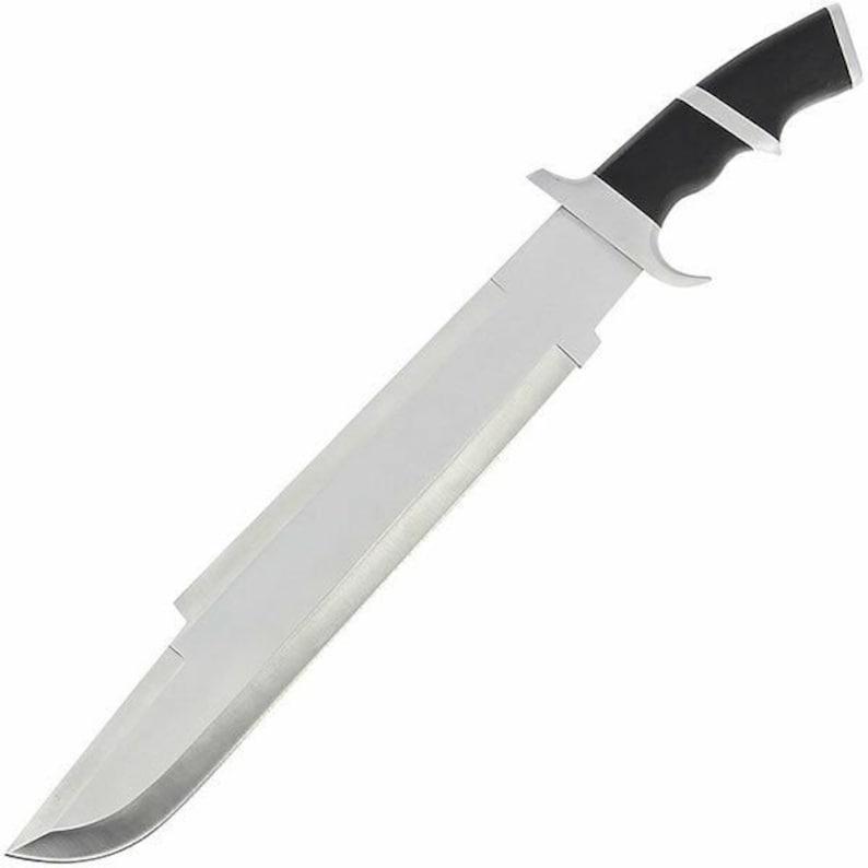 May include: A silver-colored knife with a black handle. The blade is long and straight, and the handle has a slight curve. The knife is a traditional design.