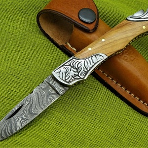 Damascus knife pocket knife hunting knife Damascus pocket knife folding knife, handy folding knife with blade safety and Damascus blade (T8