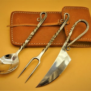 Medieval knife cutlery - 3 pieces with leather case - fork knife spoon hand-forged with leather case stainless steel (TM0e)