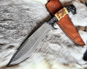 Hand-forged Damascus knife with carved handle, 30 cm, hunting knife, Bowie knife, Kukri, Tanto, Damascus knife, knife artistry, large - (SF11)
