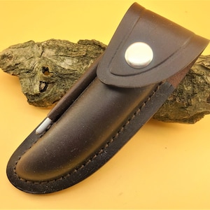 Pode incluir: Uma bainha de faca de couro marrom com fecho de pressão prateado. A bainha está sobre um pedaço de casca.