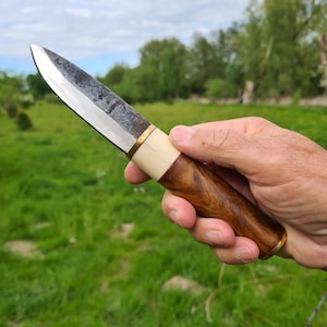 Könnte beinhalten: Ein handgefertigtes Messer mit polierter Stahlklinge und Holzgriff. Der Griff hat einen cremefarbenen Abschnitt mit Messingakzenten. Das Messer wird vor dem Hintergrund von grünem Gras und Bäumen gehalten.