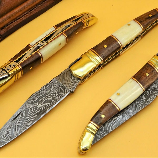 Elegante cuchillo damasco estilo Laguiole -22 cm- Navaja damasco Laguiole-navaja de bolsillo-navaja damasco-navaja plegable forjada a mano inoxidable (T7)