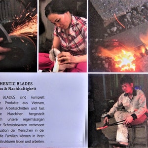Könnte beinhalten: Eine Collage von Bildern, die die Herstellung authentischer Klingen zeigen. Ein Bild zeigt Funken von einer Schleifscheibe. Ein anderes zeigt eine Person, die an einer Klinge arbeitet. Der Text lautet "AUTHENTIC BLADES Fairness & Nachhaltigkeit."