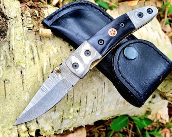 Damascus mes, zakmes, Damascus lemmet, Damascus staal, jachtmes - hoogwaardig en elegant - handgemaakt - bediening met één hand + lemmetvergrendeling (G2)