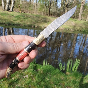 Könnte beinhalten: Ein Klappmesser mit schwarzem und rotem Griff und einer silbernen Klinge mit Damastmuster.