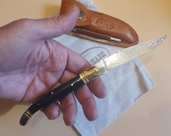 Couteau de poche Laguiole Couteau Damas Couteau pliant Couteau Laguiole élégant avec lame Damas et étui en cuir Fait main Antirouille (T9)